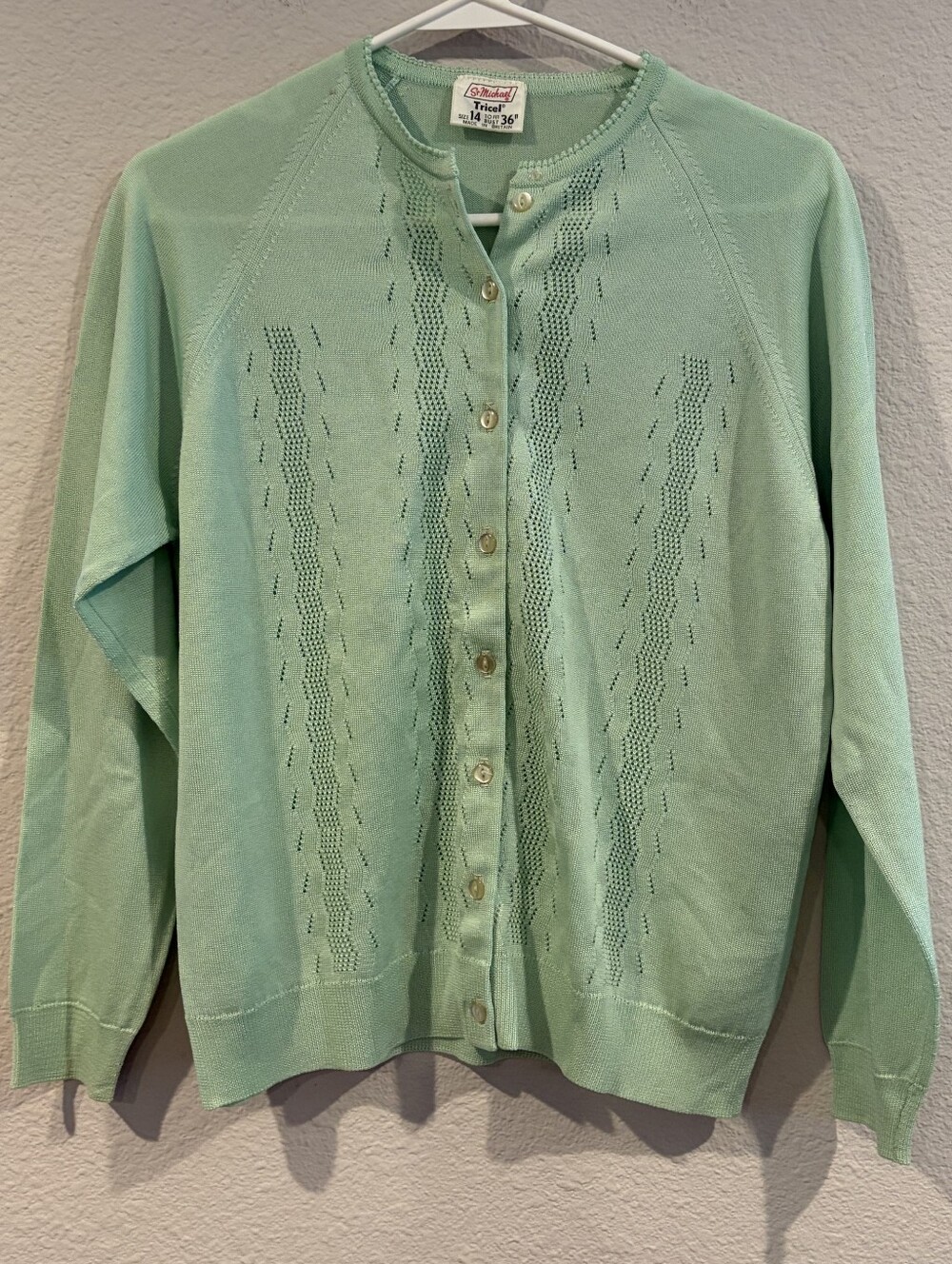 St. Michael Womens Vintage Sea Foam Green Tricel Button Up Cardigan Sweater 14